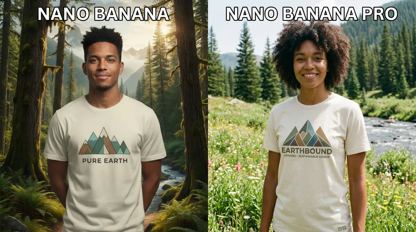 A detailed mockup of a sustainable cotton t-shirt design featuring a geometric mountain logo, worn by a diverse model standing in a natural setting.