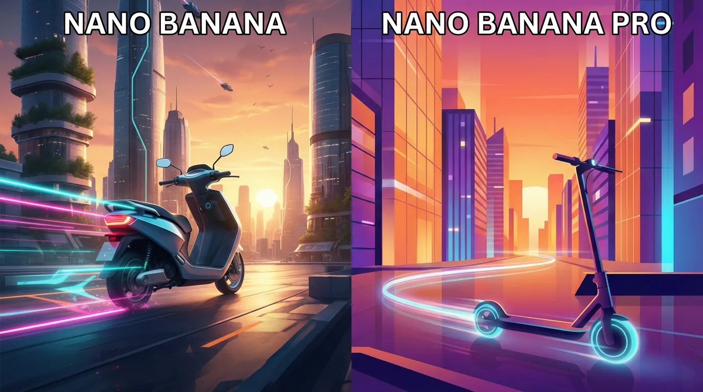 A vibrant, minimalist social media ad showing a new electric scooter speeding through a futuristic city at sunset.