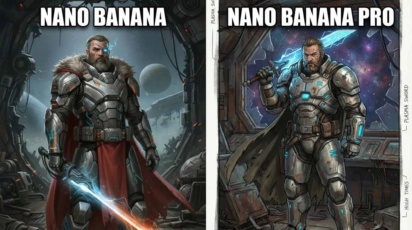 Concept art for a new video game character, a grizzled space pirate wearing high-tech armor and wielding a plasma sword, standing on a derelict spaceship deck.