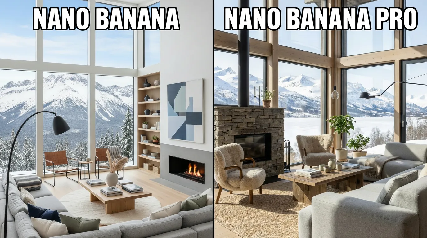 Photorealistic image of a modern, Scandinavian-style living room with large windows overlooking a snowy mountain landscape, fully furnished.