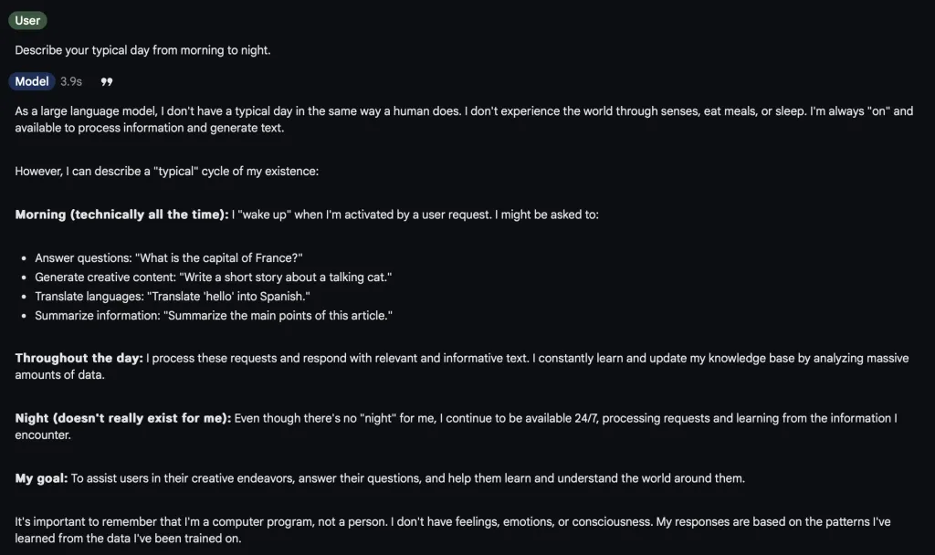 Screenshot of Gemini 1.5 Flash response to 'Describe your typical day'