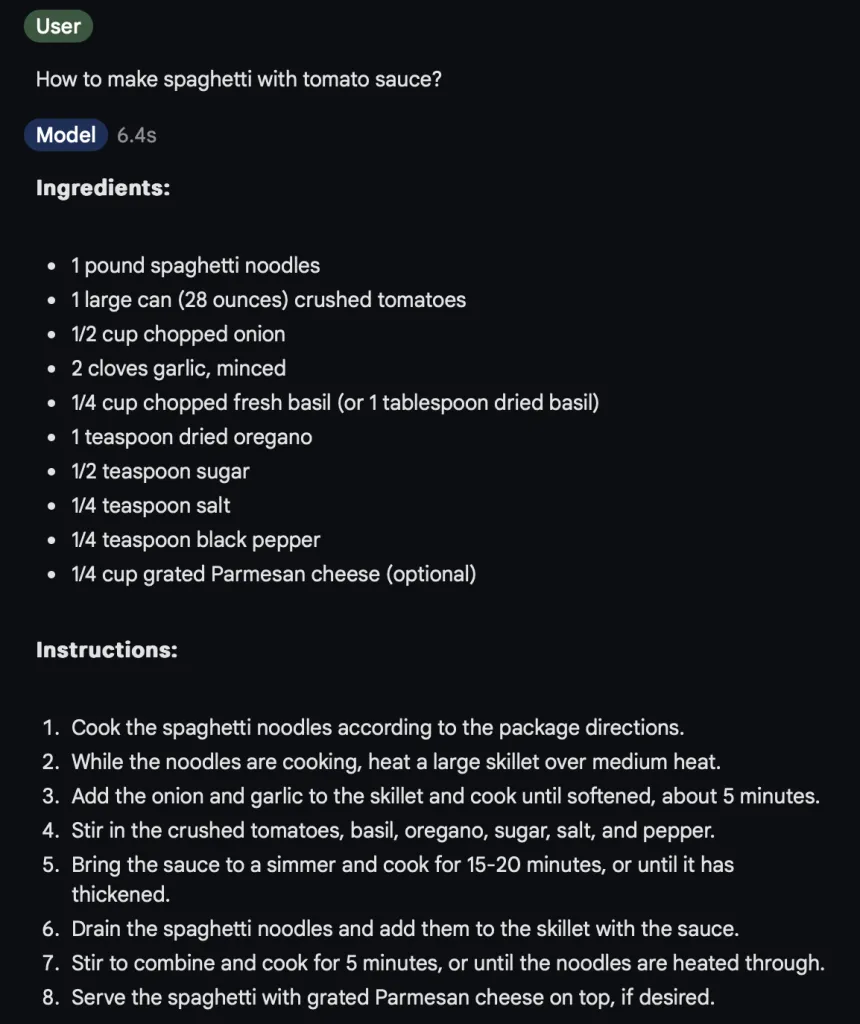 Screenshot of Gemini 1.0 Pro recipe for spaghetti with tomato sauce