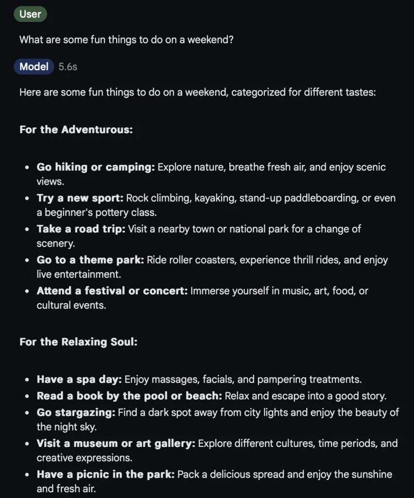 Screenshot of Gemini 1.5 Flash suggestions for weekend activities