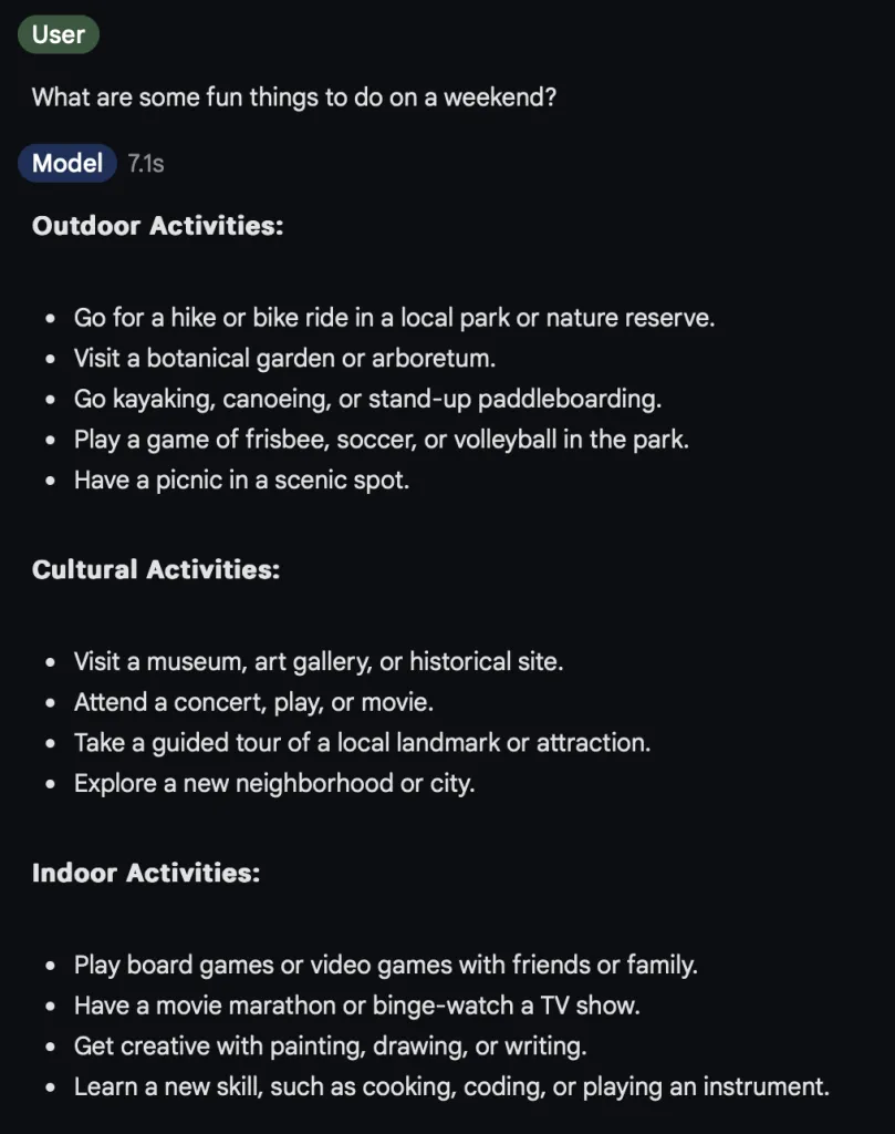 Screenshot of Gemini 1.0 Pro suggestions for weekend activities