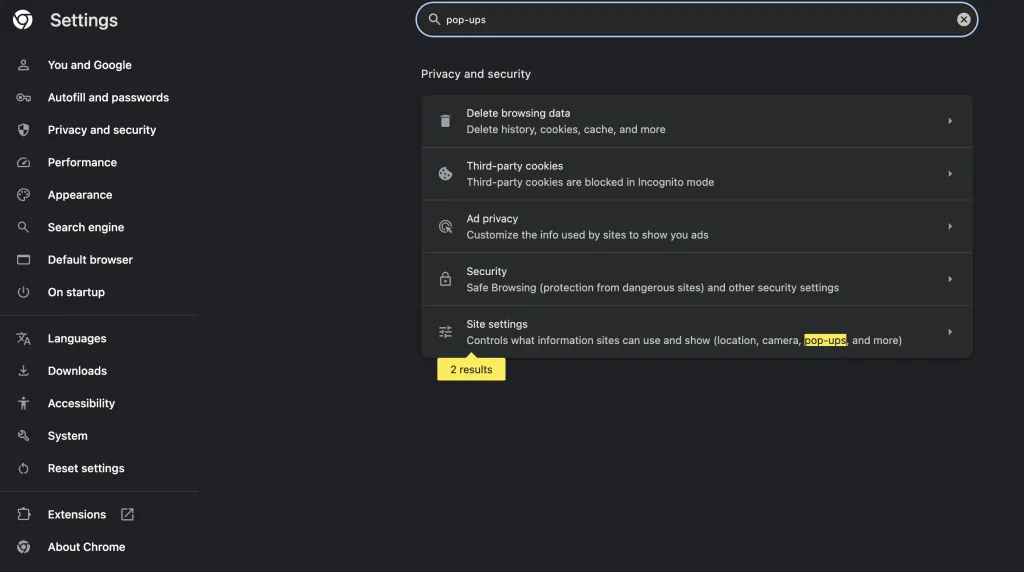 Search for pop-ups and open site settings