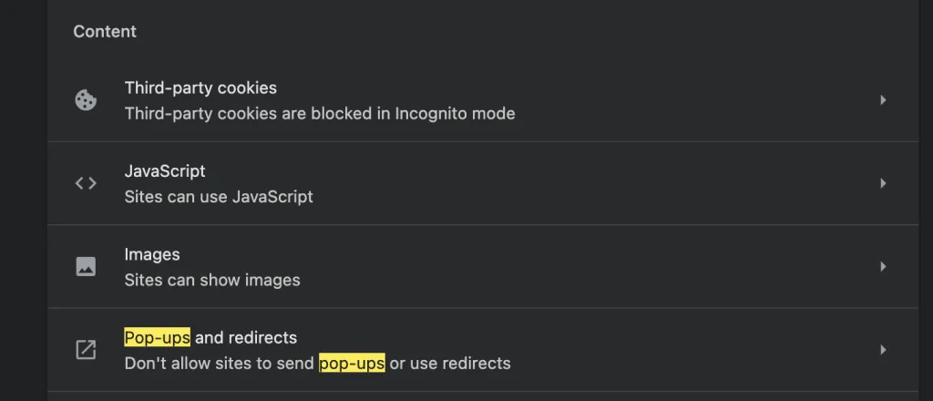 Open Pop-ups and redirects settings in Chrome
