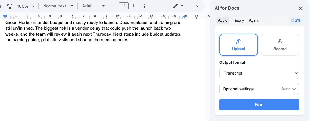 Actual AI for Docs Audio to Text screen capture in Google Docs showing upload, record, output format, and optional settings