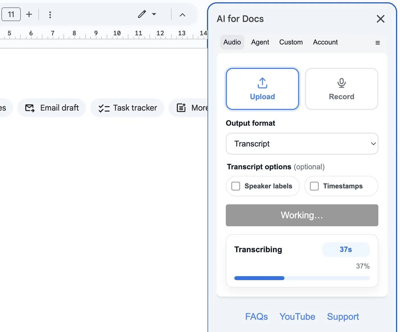 Actual AI for Docs Audio to Text screen capture in Google Docs showing upload, record, transcript options, and transcription progress