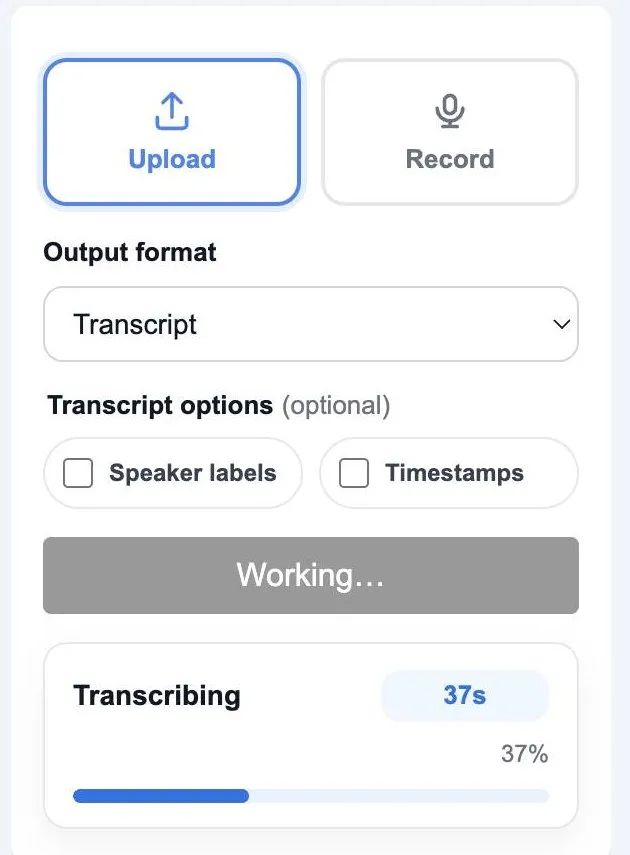 Actual AI for Docs Audio to Text screen capture showing transcript output options, speaker labels, timestamps, and transcription progress