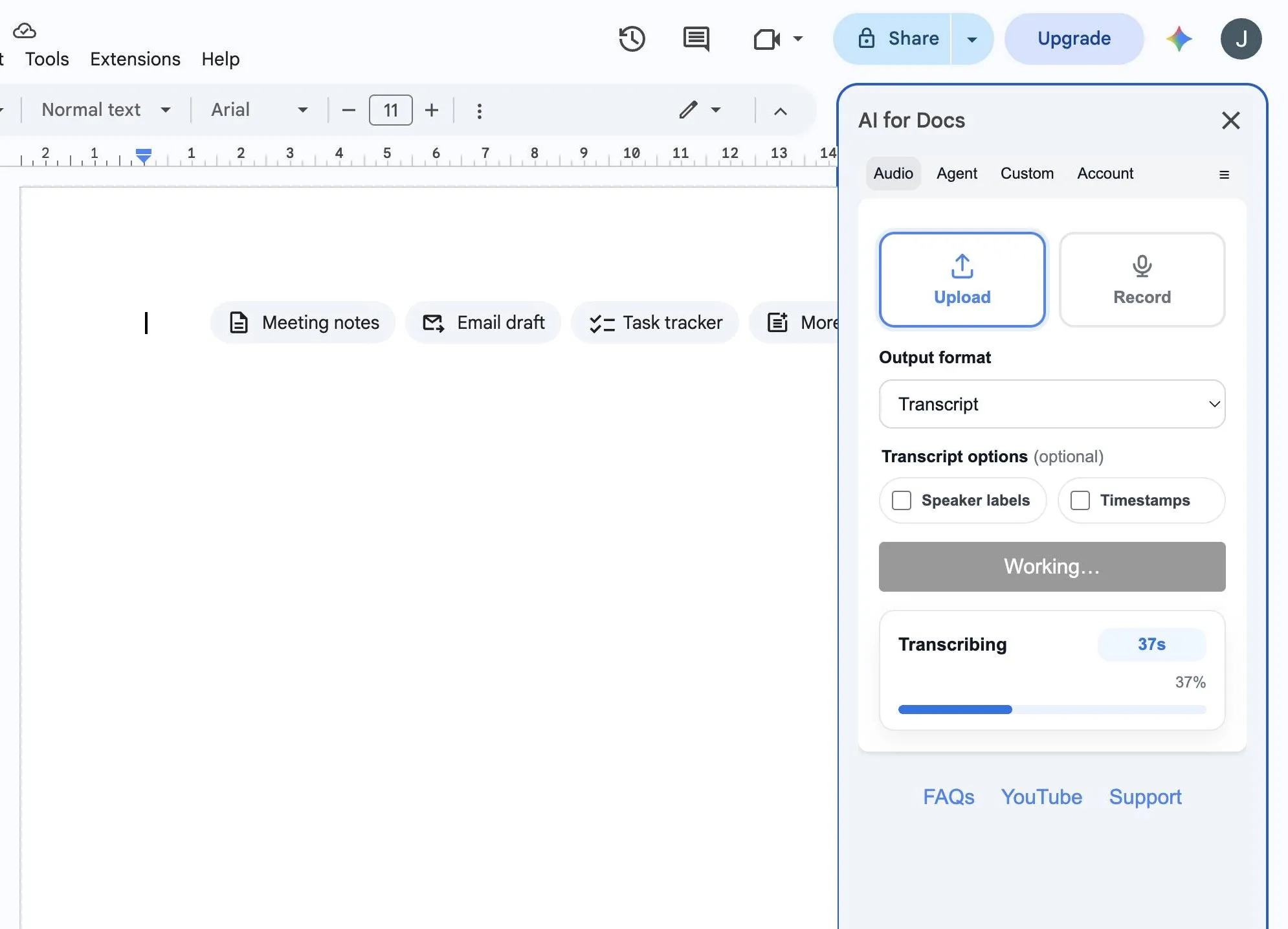Actual AI for Docs Audio to Text sidebar in Google Docs showing upload, record, transcript format, speaker labels, timestamps, and transcription progress