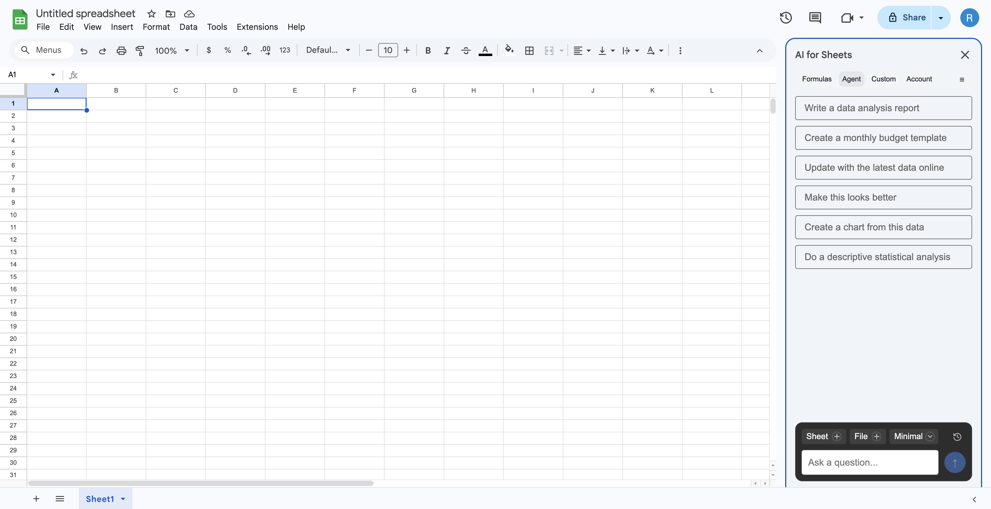 Sheet Agent open in Google Sheets with the Sheet selector and prompt box visible