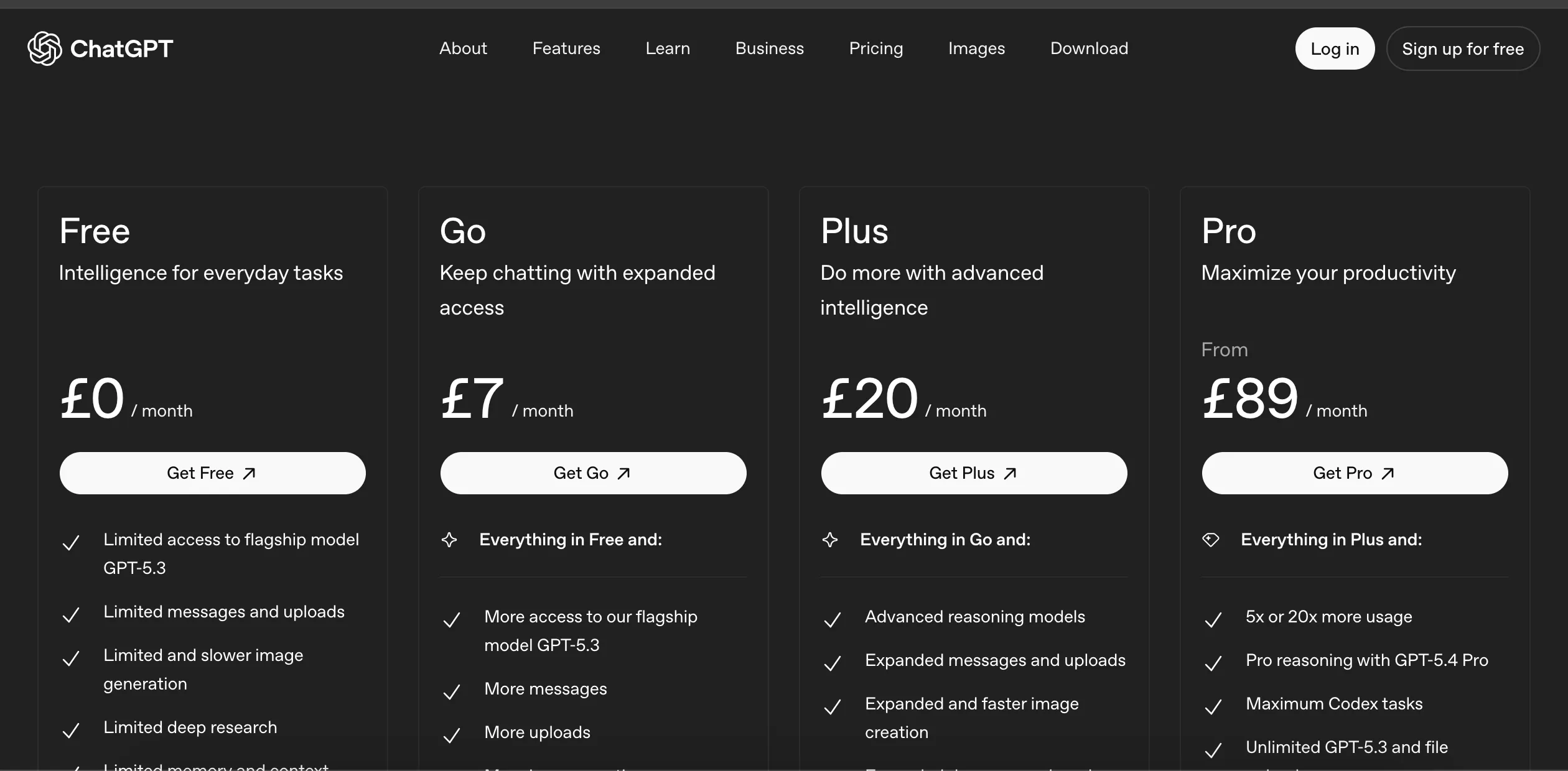 Official ChatGPT pricing table showing Free, Go, Plus, and Pro plan details