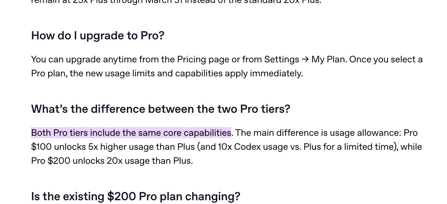 Official OpenAI Help Center explanation of ChatGPT Pro tier differences
