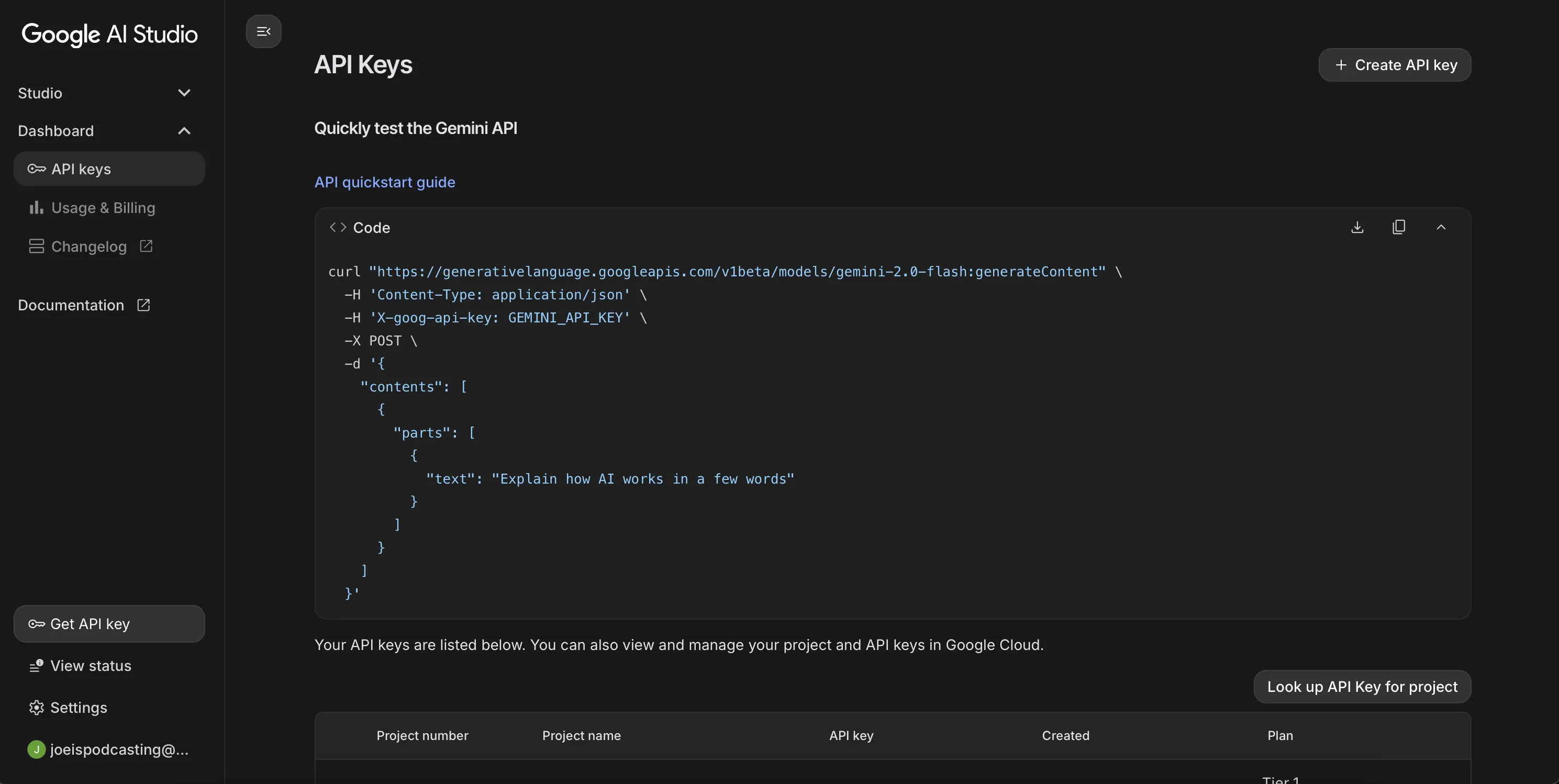 Create API key button in Google AI Studio
