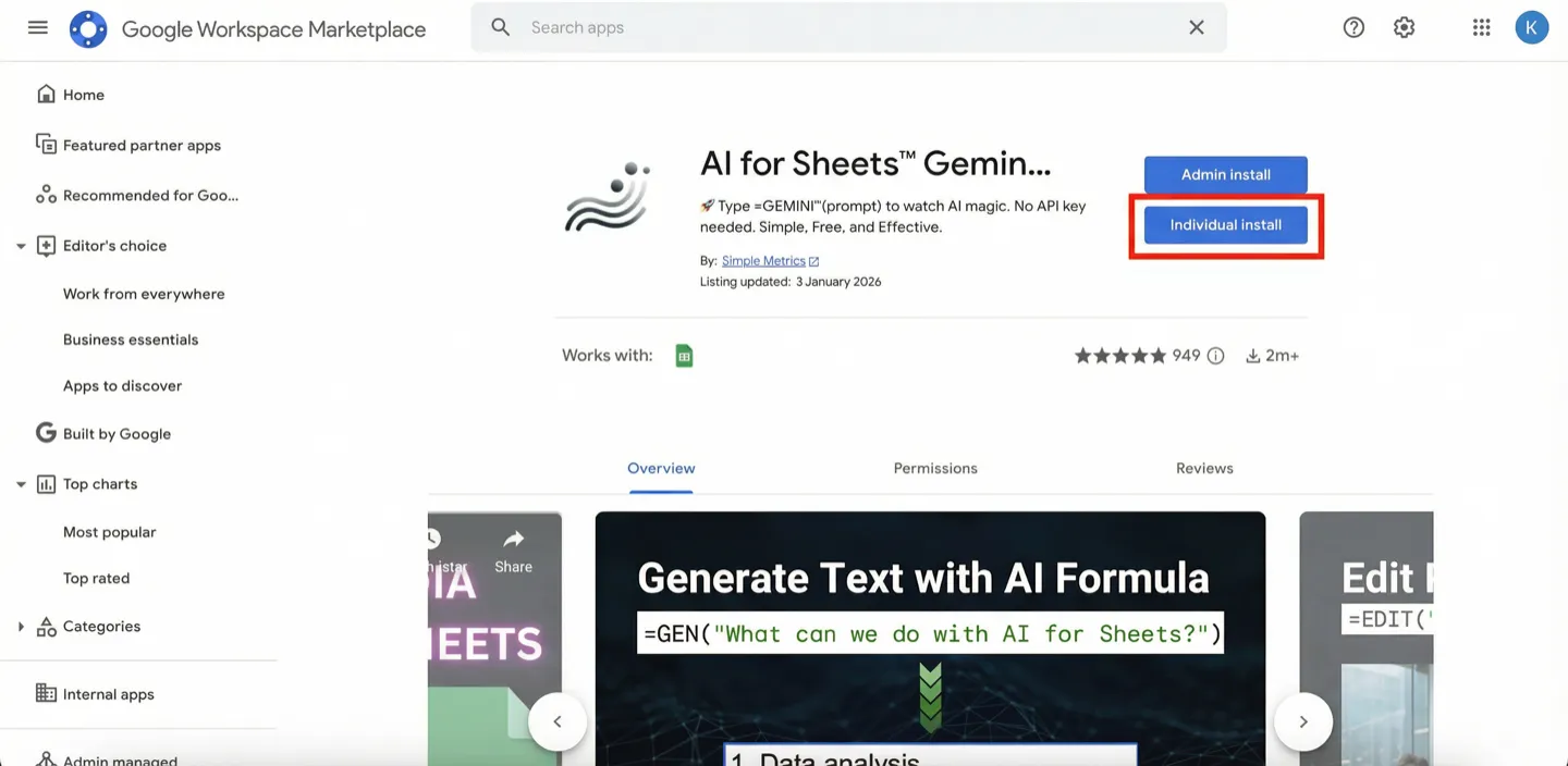 Google Workspace Marketplace listing with the Individual install button highlighted