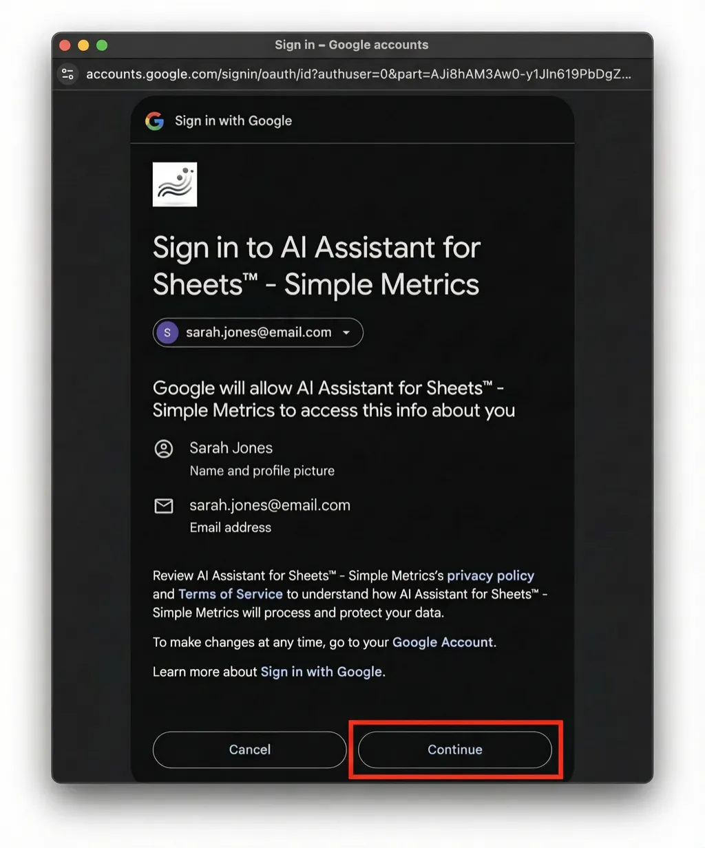 Google sign-in screen with the Continue button highlighted