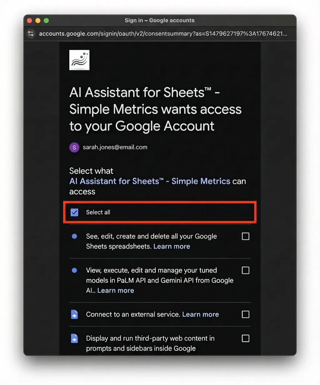 Permissions screen with Select all highlighted