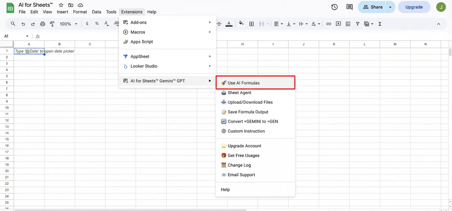 Google Sheets Extensions menu with Use AI Formulas highlighted