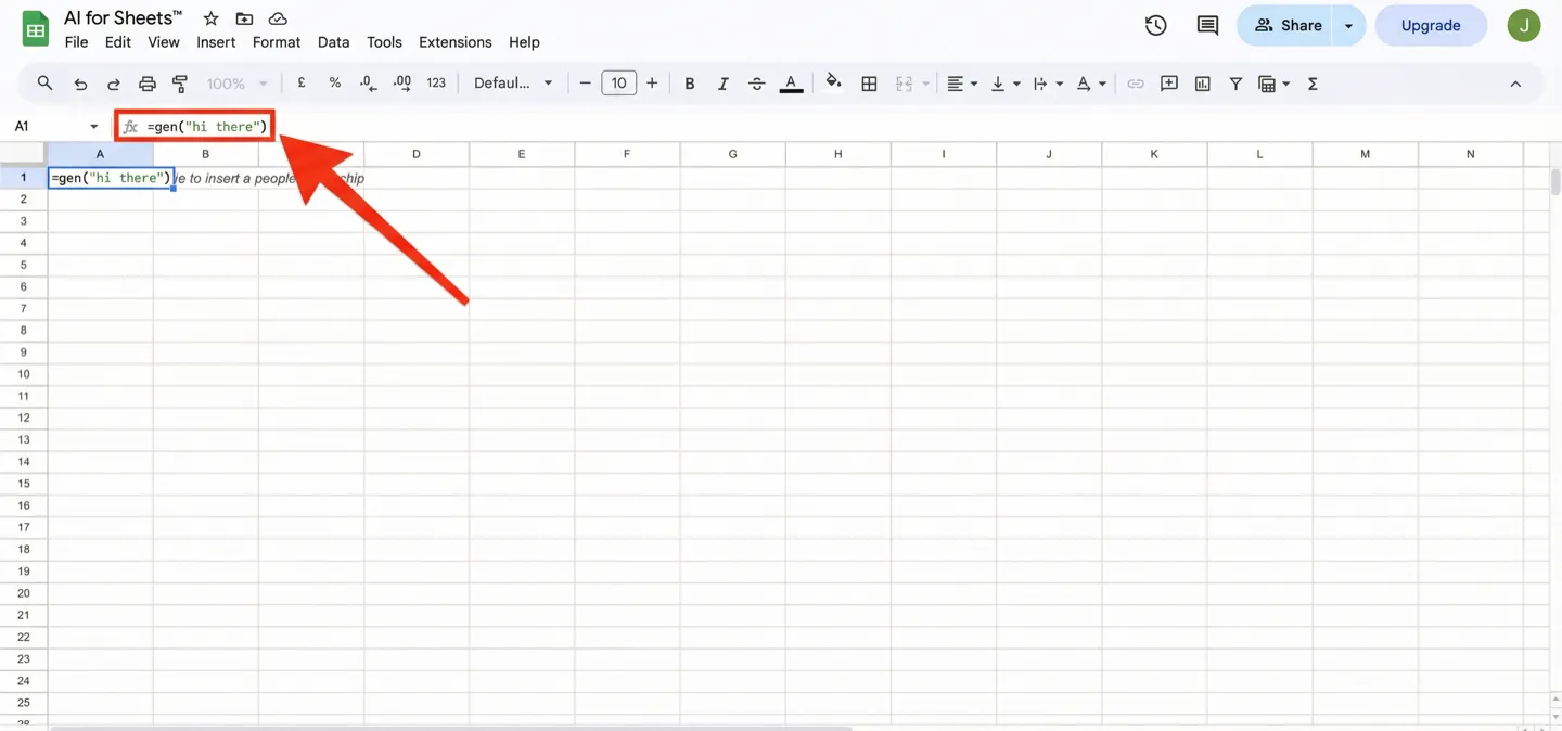 Google Sheets with the =GEN formula typed into a cell