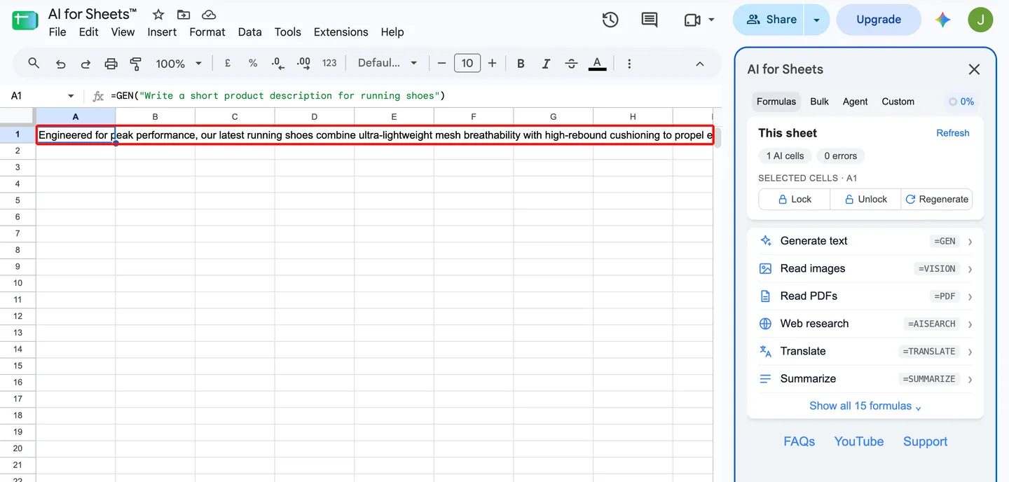 Formula result shown in a Google Sheets cell with the AI for Sheets sidebar open