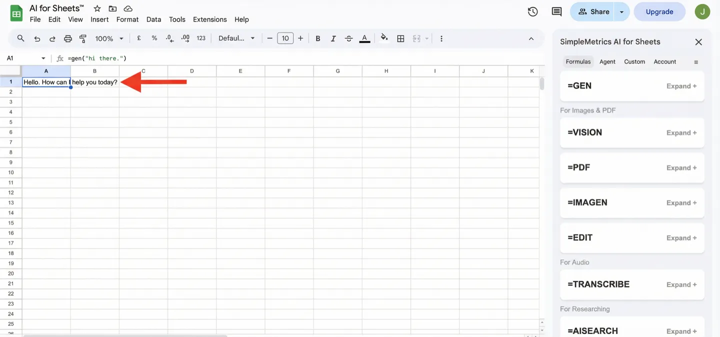 Formula result shown in a Google Sheets cell with the AI for Sheets sidebar open