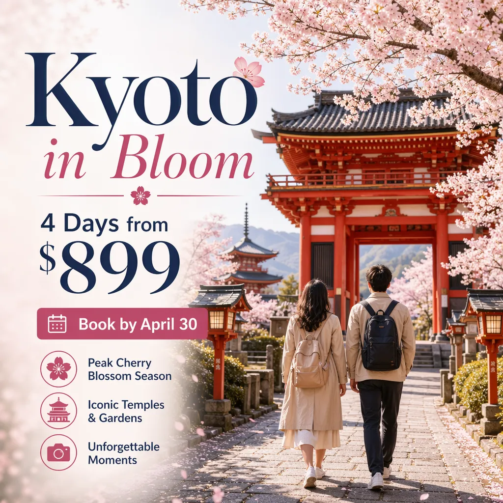 GPT Image 2 medium output for the Kyoto in Bloom travel ad prompt