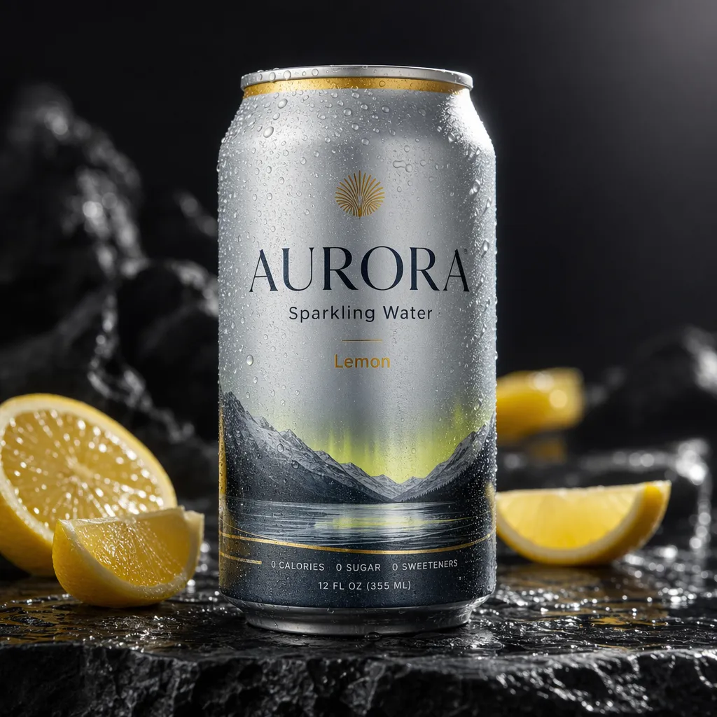 GPT Image 2 medium output for the AURORA sparkling water can product photo prompt
