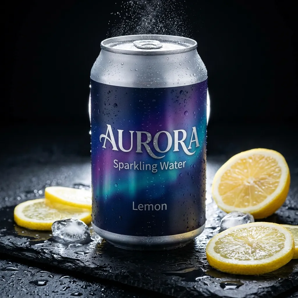 Nano Banana Pro output for the AURORA sparkling water can product photo prompt