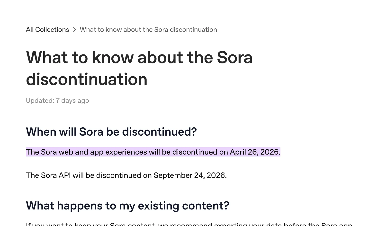 Official OpenAI Help Center notice showing Sora discontinuation dates